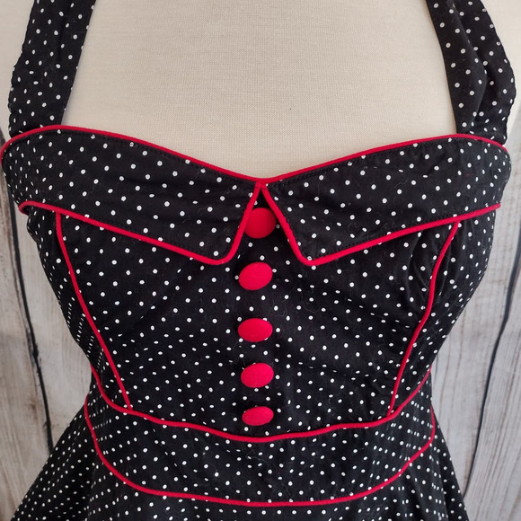 Hell Bunny | Black Polka Dot Red Trim Sweetheart Halter Fit & Flare Dress - Picture 2 of 14